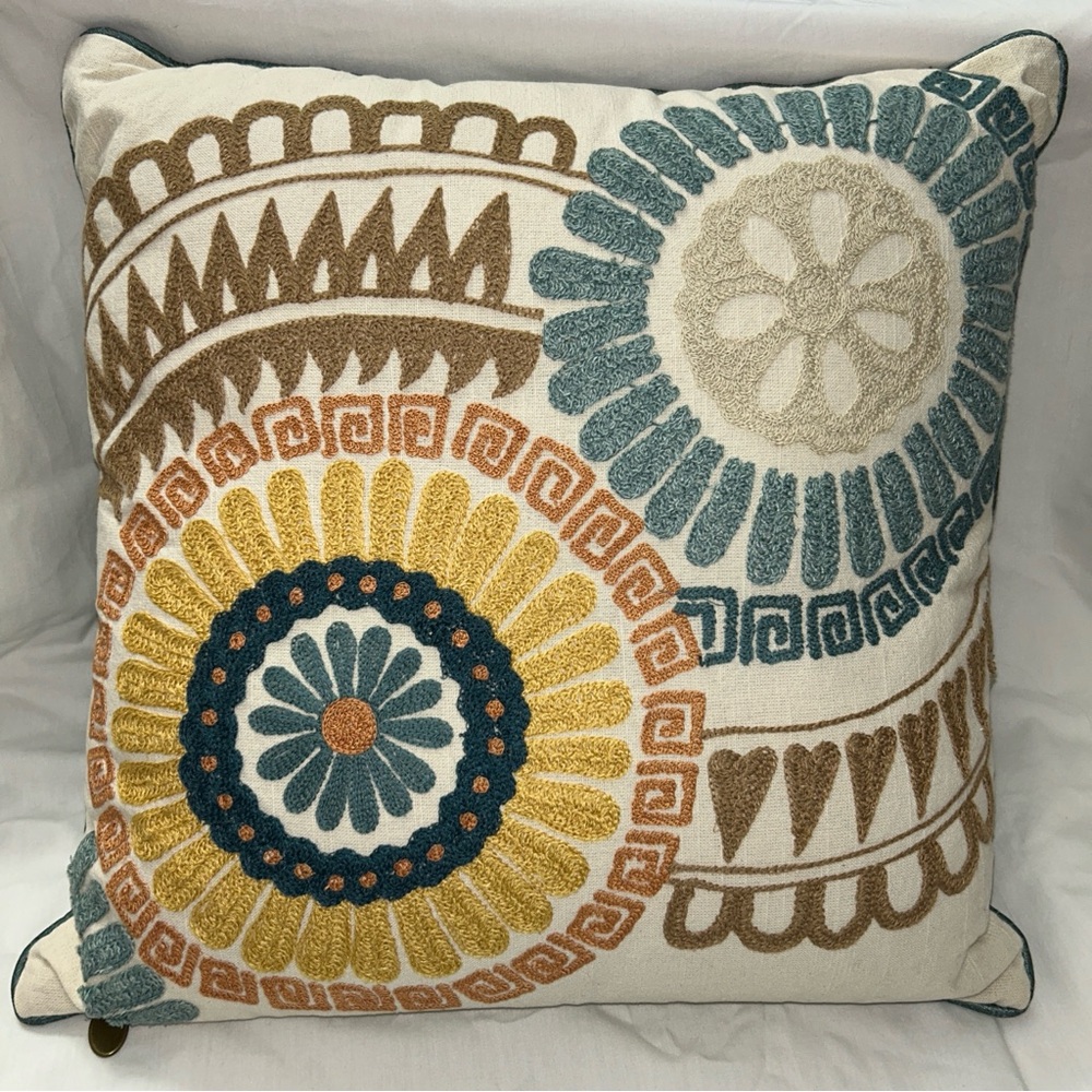Pier 1 Embroidered Teal Ivory Yellow Tan Floral Boho Accent Pillow 18”